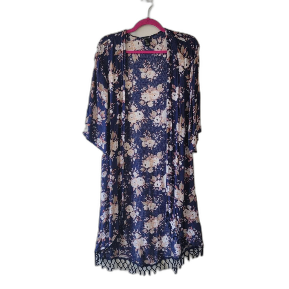 Forever 21 Navy Floral Kimono Fringe Hem Boho Size M